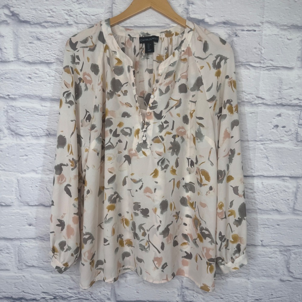 Cynthia Rowley Floral Blouse Womens Large Cream Long‎ Sleeve
